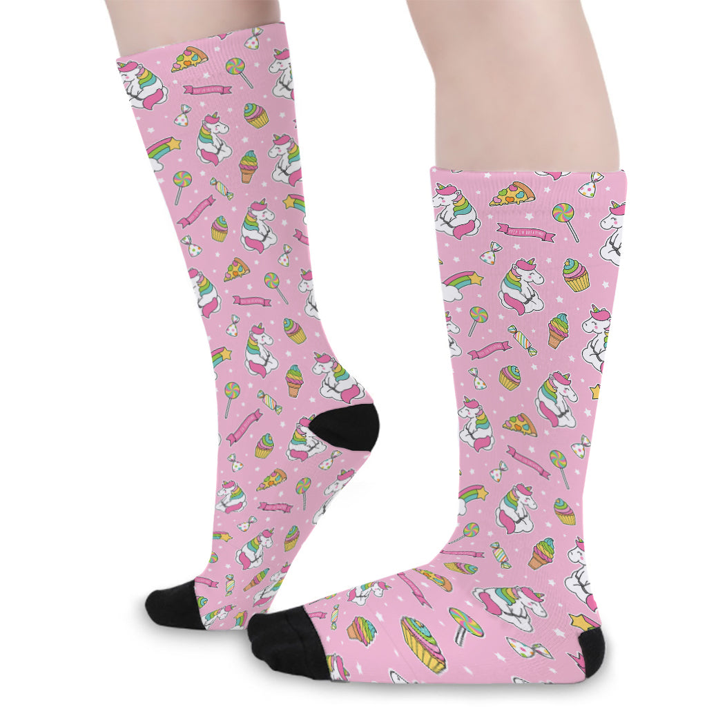 Pink Girly Unicorn Pattern Print Long Socks