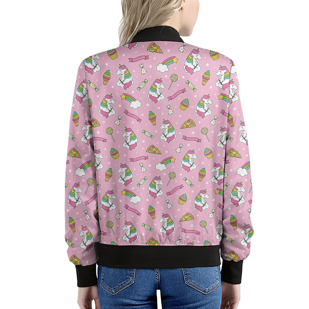 Pink Girly Unicorn Pattern Print Women's Bomber Jacket