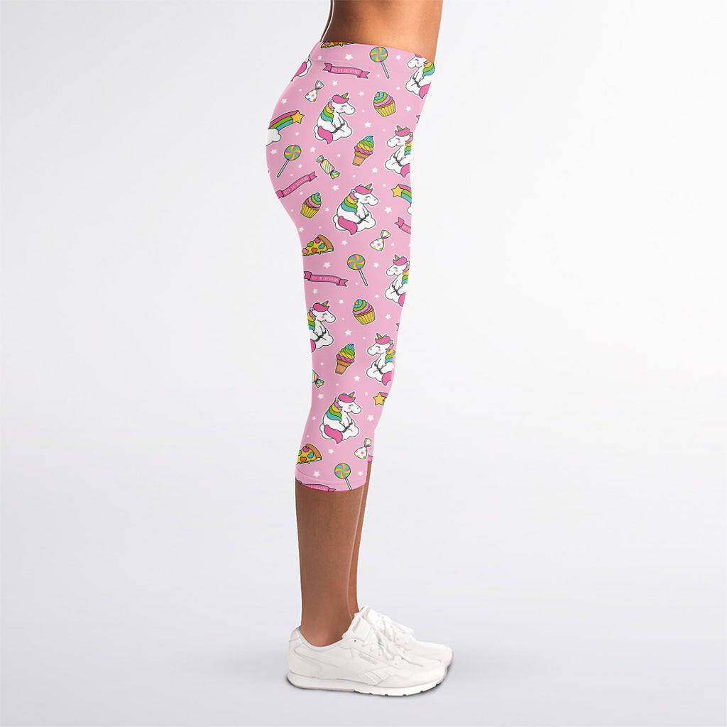 Pink Girly Unicorn Pattern Print Women's Capri Leggings