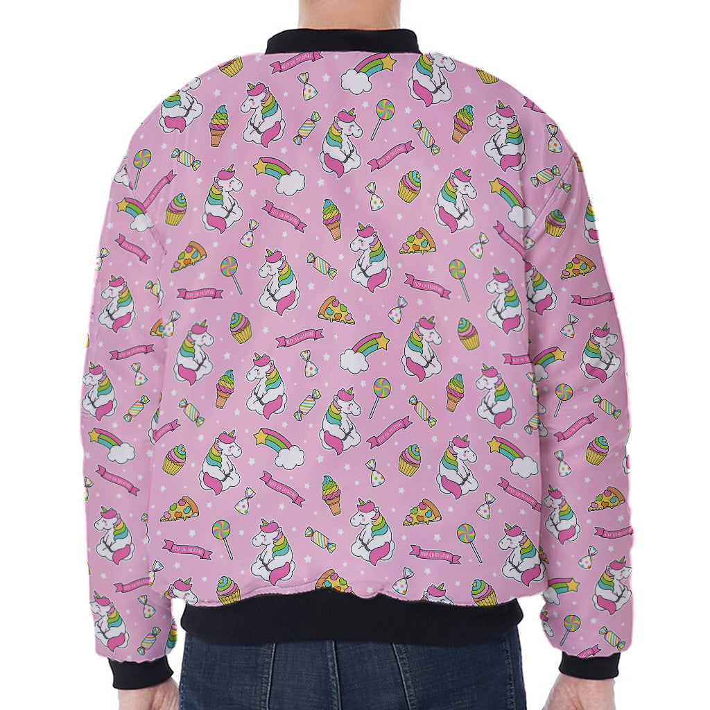 Pink Girly Unicorn Pattern Print Zip Sleeve Bomber Jacket