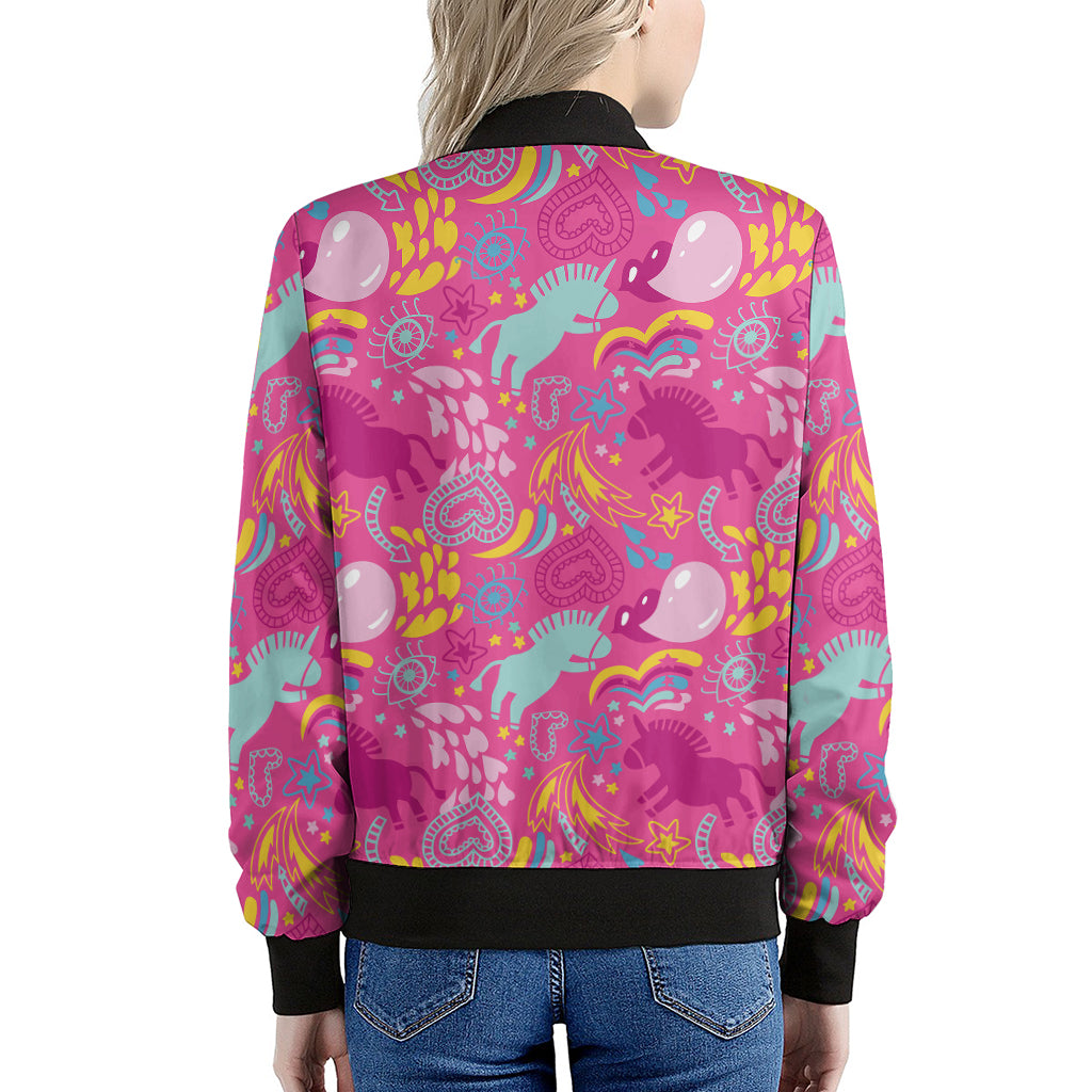 Pink Girly Unicorn Print Women's Bomber Jacket