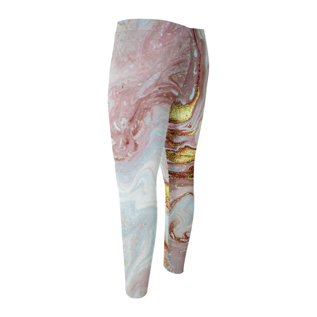 Pink Gold Liquid Marble Print Men's Compression Pants