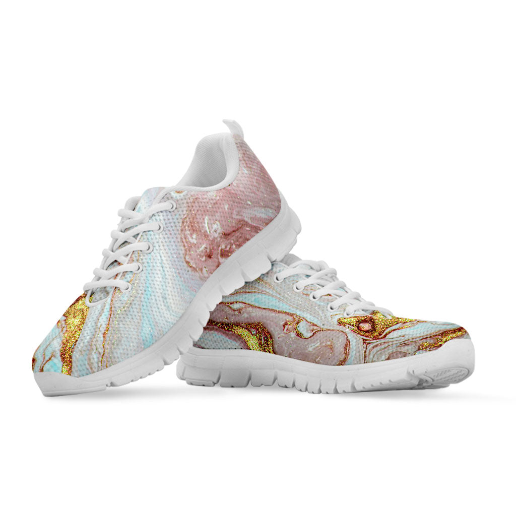Pink Gold Liquid Marble Print White Running Shoes