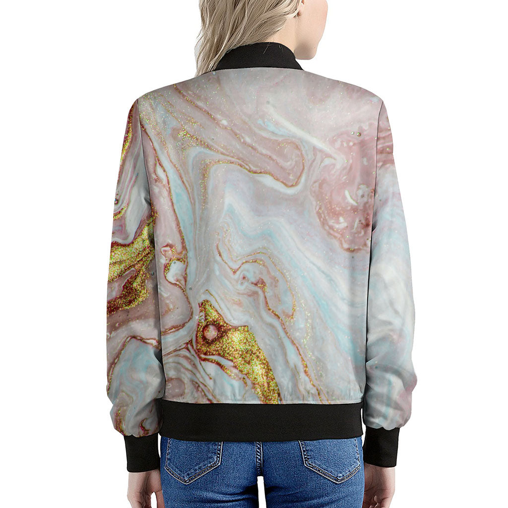 Pink Gold Liquid Marble Print Women's Bomber Jacket