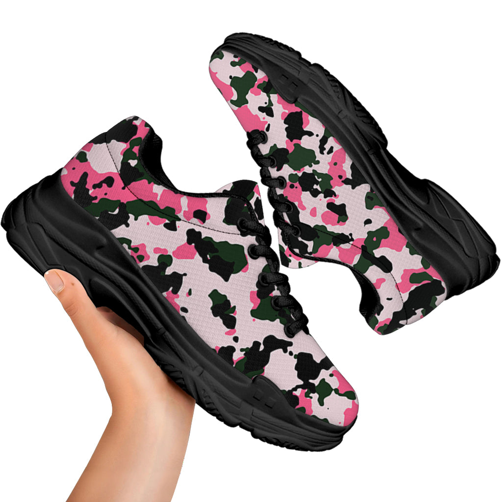 Pink Green And Black Camouflage Print Black Chunky Shoes