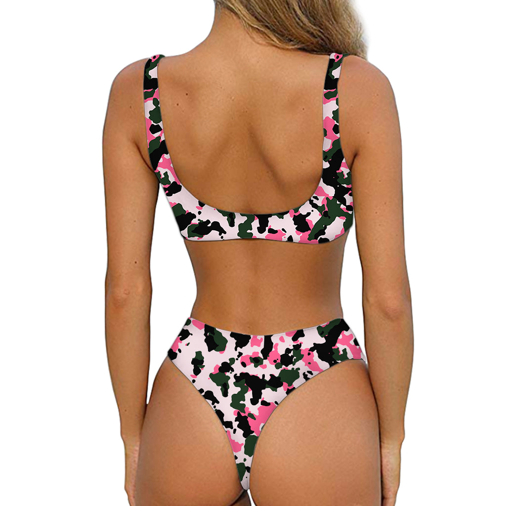 Pink Green And Black Camouflage Print Front Bow Tie Bikini