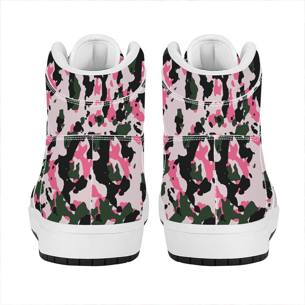 Pink Green And Black Camouflage Print High Top Leather Sneakers
