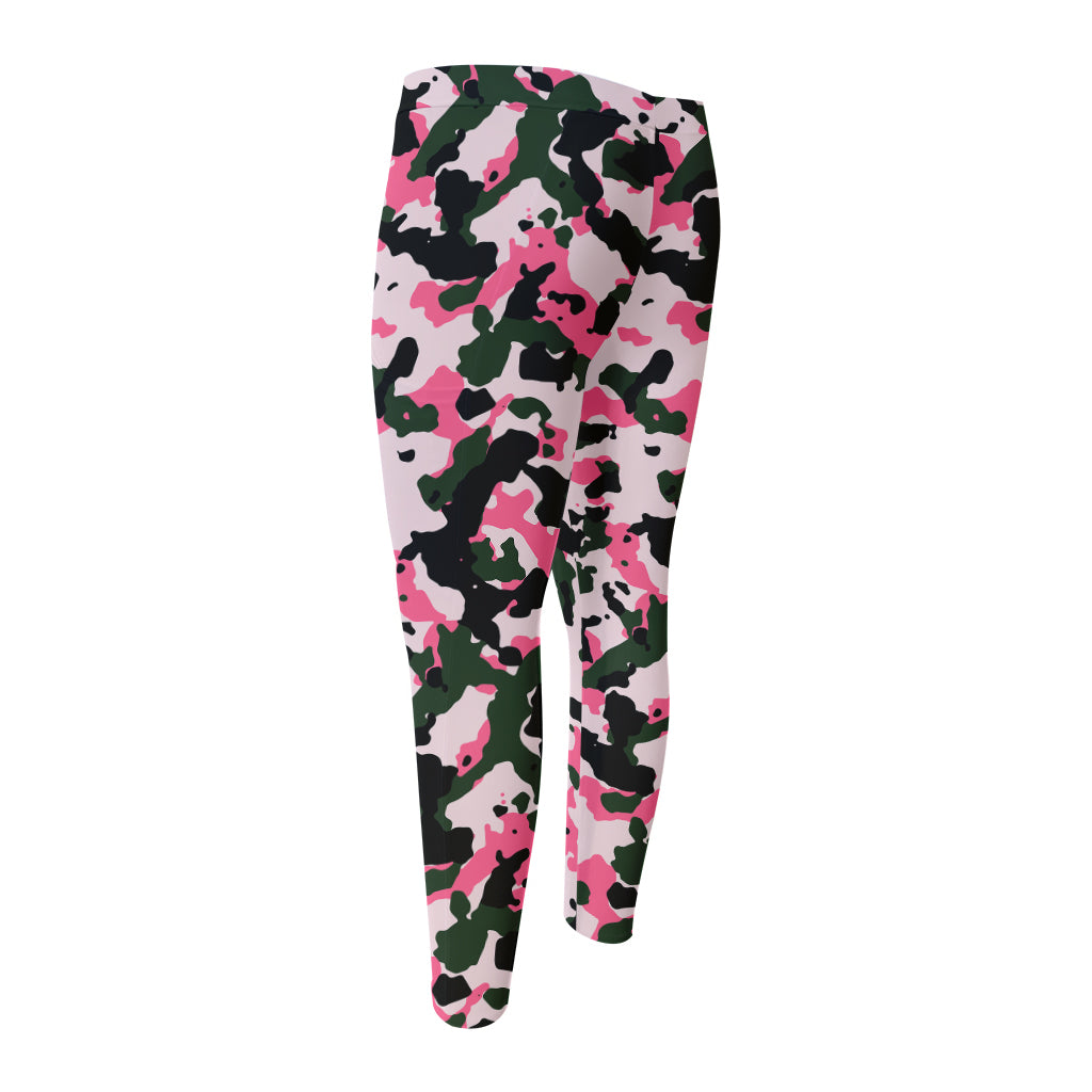 Pink Green And Black Camouflage Print Men's Compression Pants