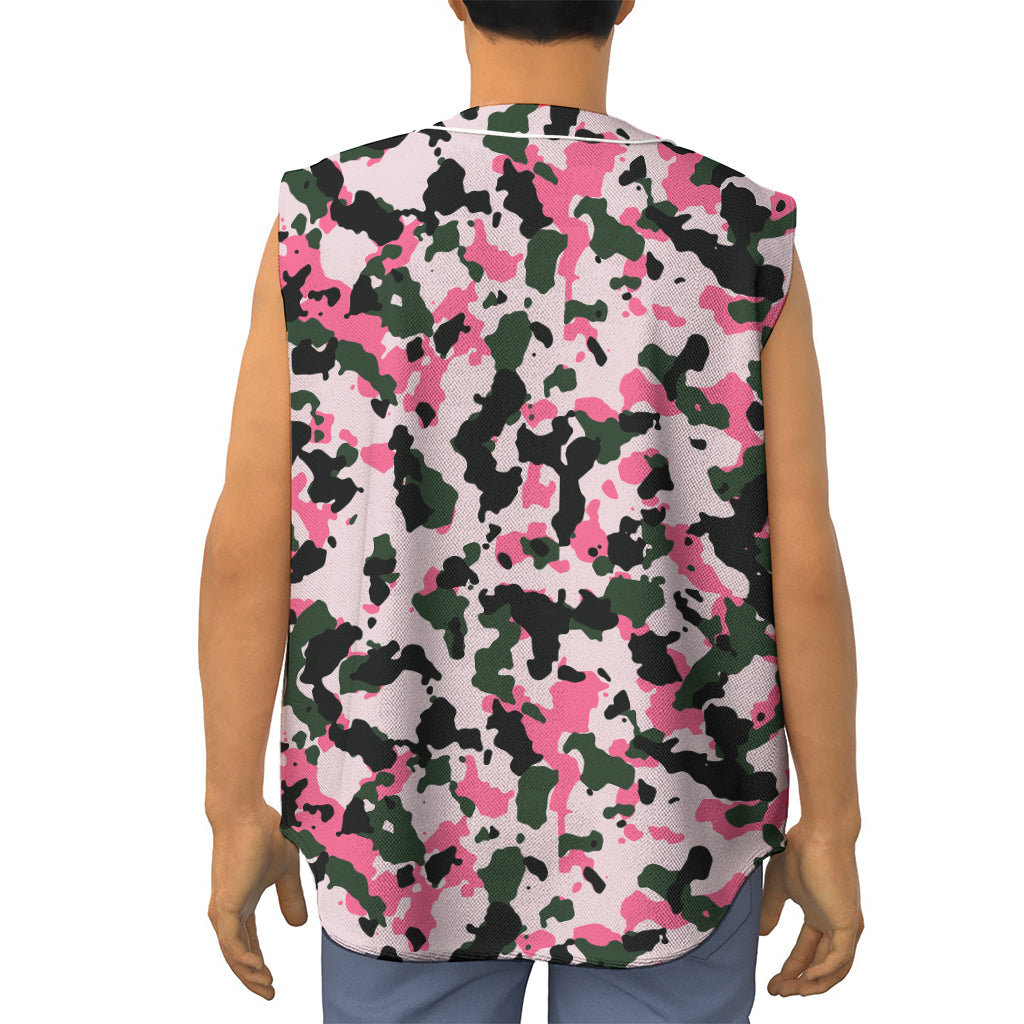 Pink Green And Black Camouflage Print Sleeveless Baseball Jersey