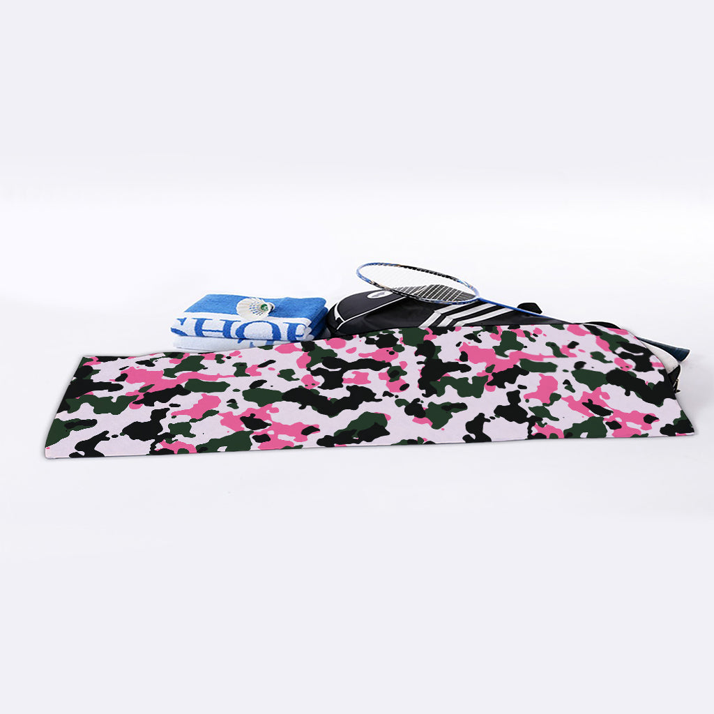 Pink Green And Black Camouflage Print Sports Towel