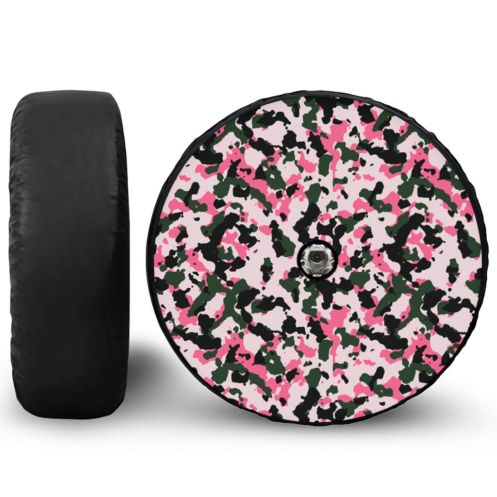 Pink Green And Black Camouflage Print Tire Cover With Camera Hole