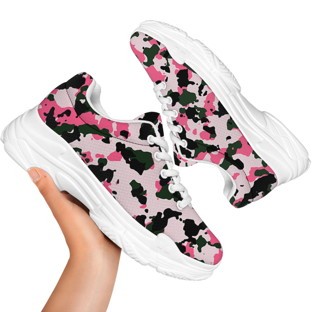 Pink Green And Black Camouflage Print White Chunky Shoes