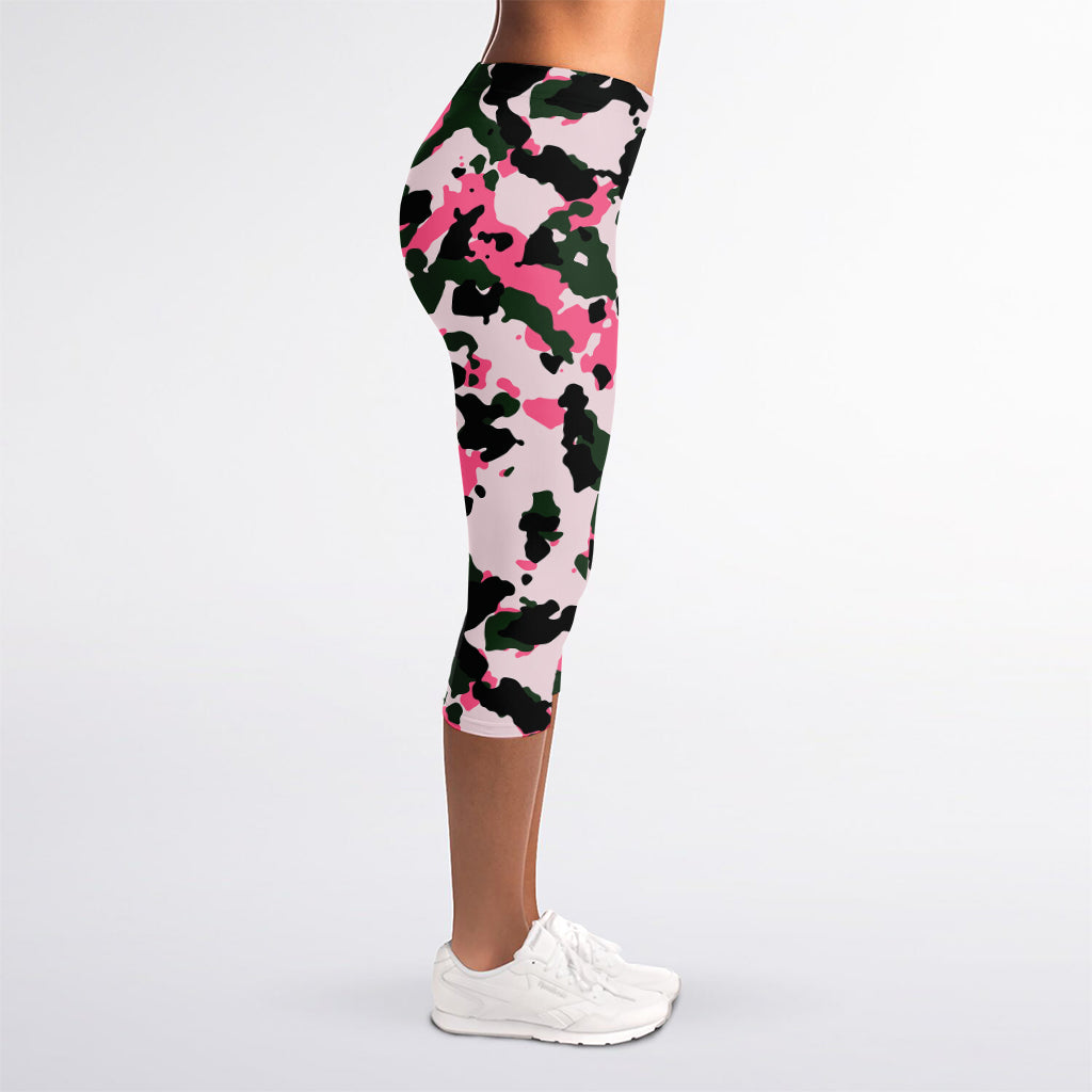 Pink Green And Black Camouflage Print Women's Capri Leggings
