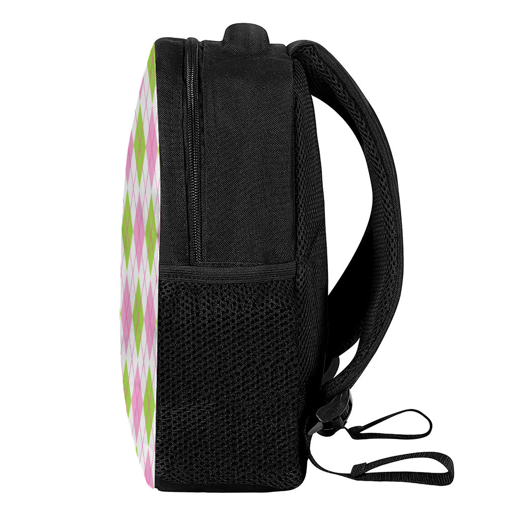 Pink Green And White Argyle Print Casual Backpack