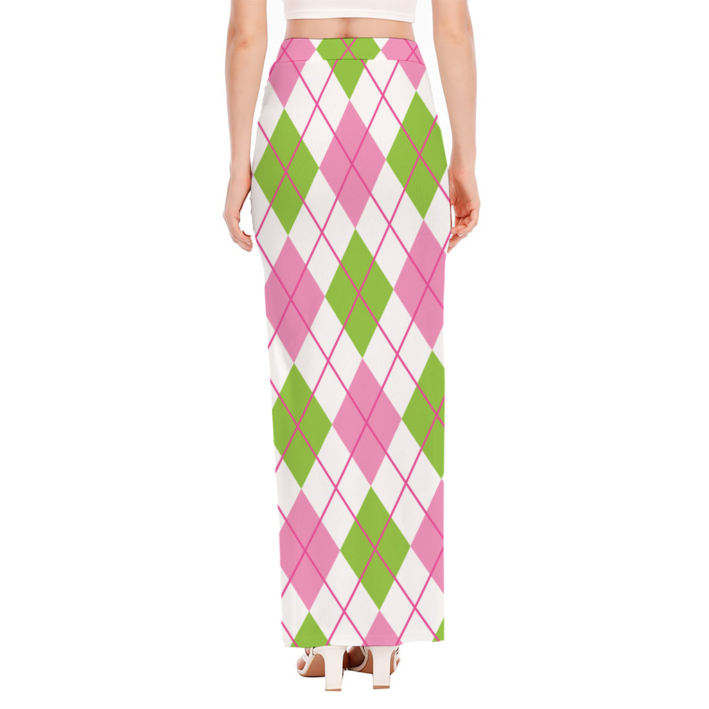 Pink Green And White Argyle Print High Slit Maxi Skirt