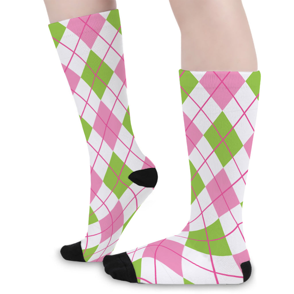 Pink Green And White Argyle Print Long Socks