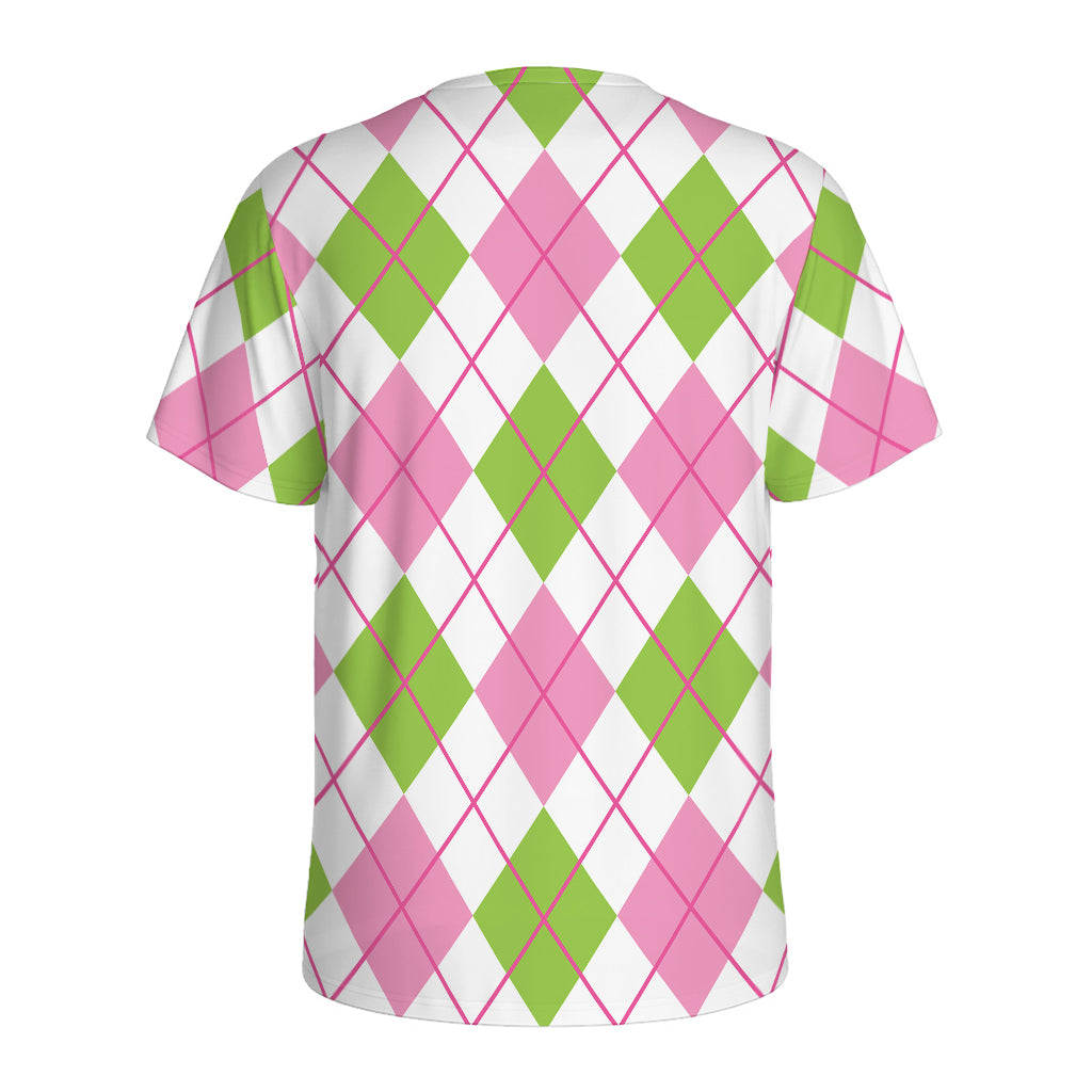 Pink Green And White Argyle Print Men's Sports T-Shirt