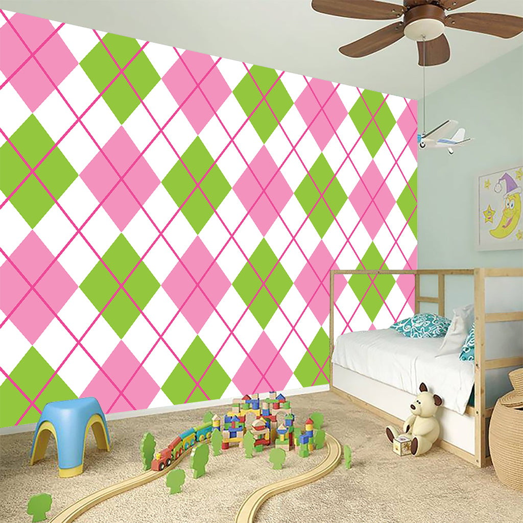 Pink Green And White Argyle Print Wall Sticker