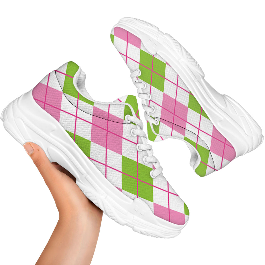 Pink Green And White Argyle Print White Chunky Shoes