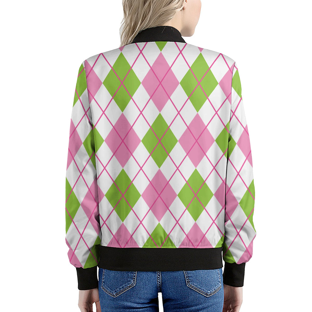 Pink Green And White Argyle Print Women's Bomber Jacket