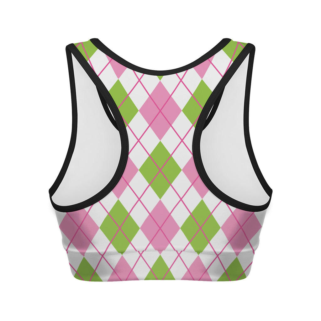 Pink Green And White Argyle Print Women's Sports Bra