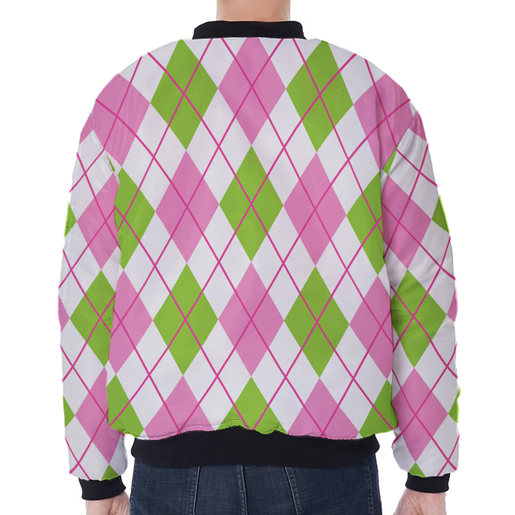 Pink Green And White Argyle Print Zip Sleeve Bomber Jacket