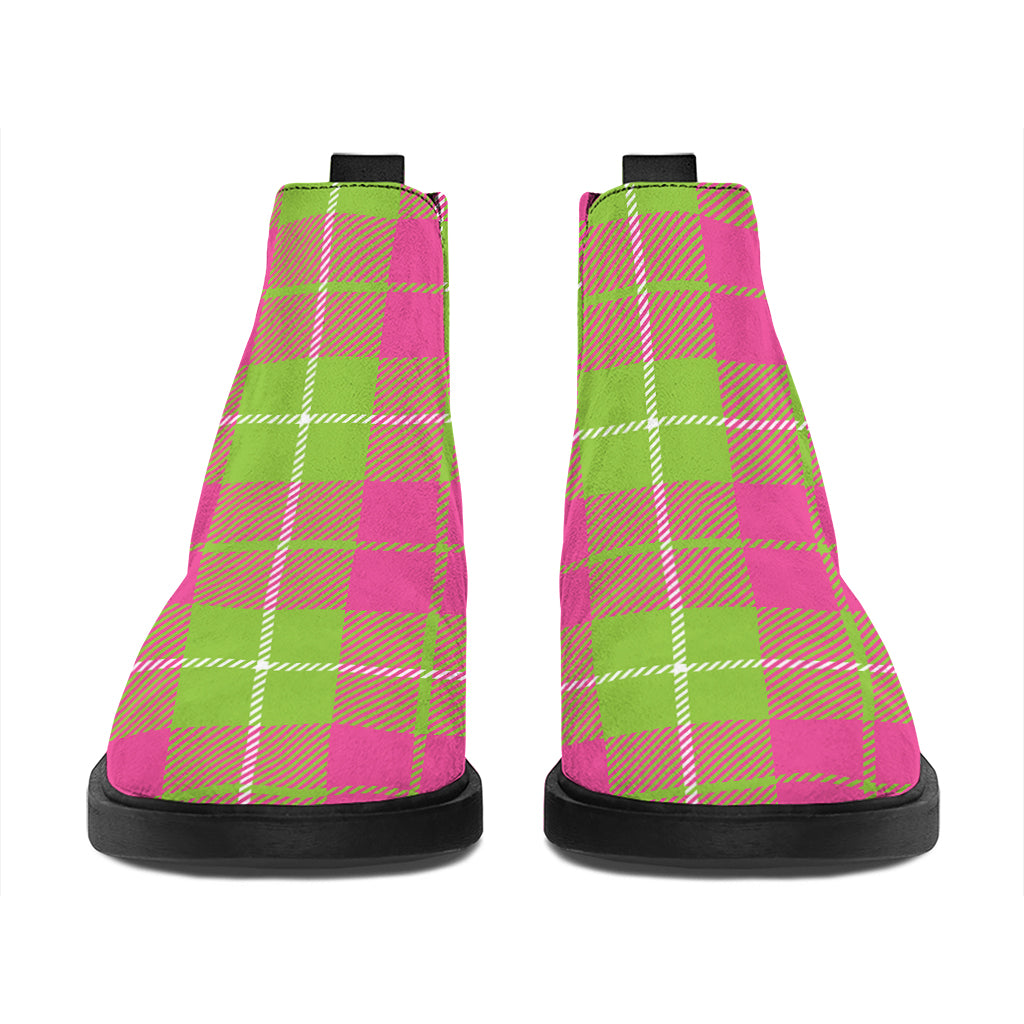 Pink Green And White Tartan Print Flat Ankle Boots