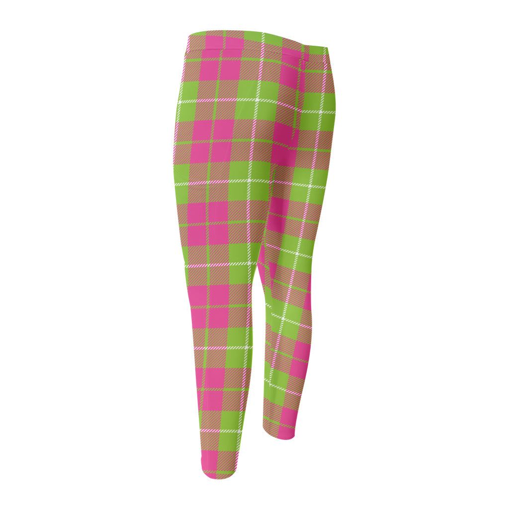 Pink Green And White Tartan Print Men's Compression Pants