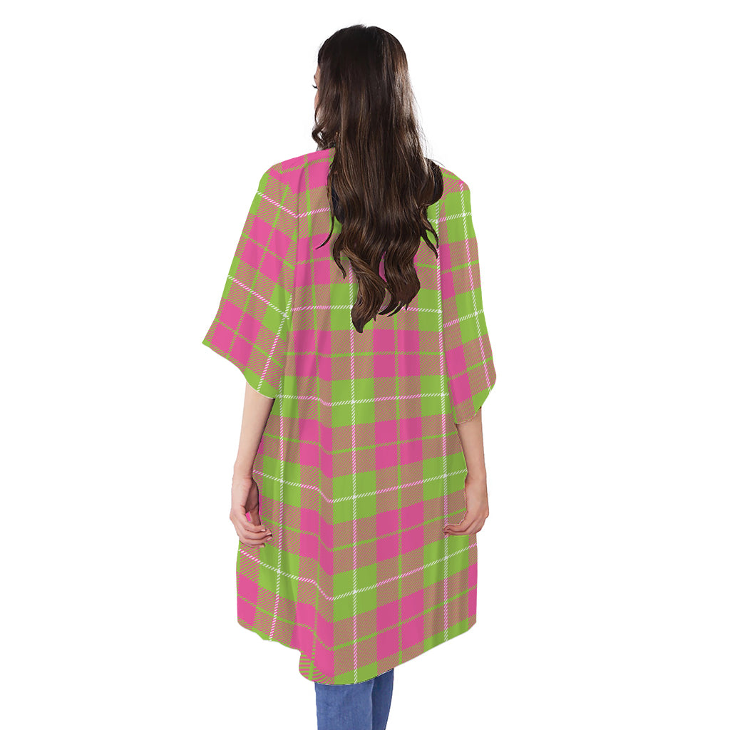 Pink Green And White Tartan Print Open Front Beach Cover Up