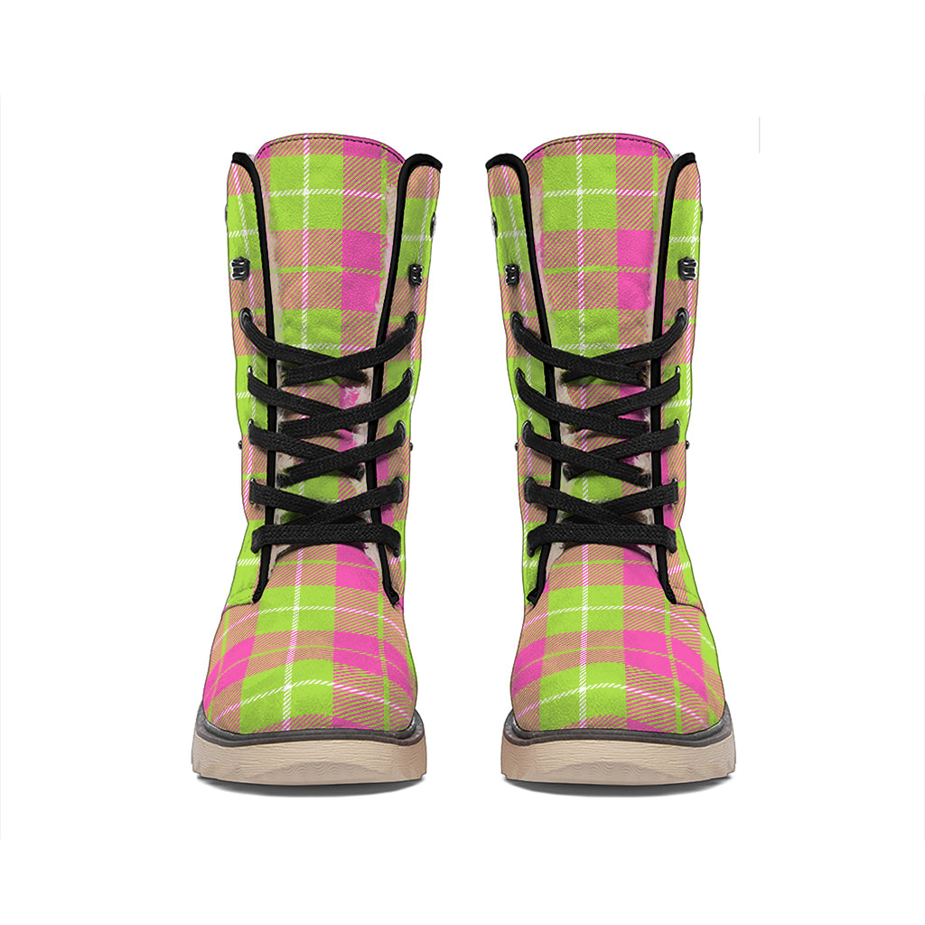 Pink Green And White Tartan Print Winter Boots