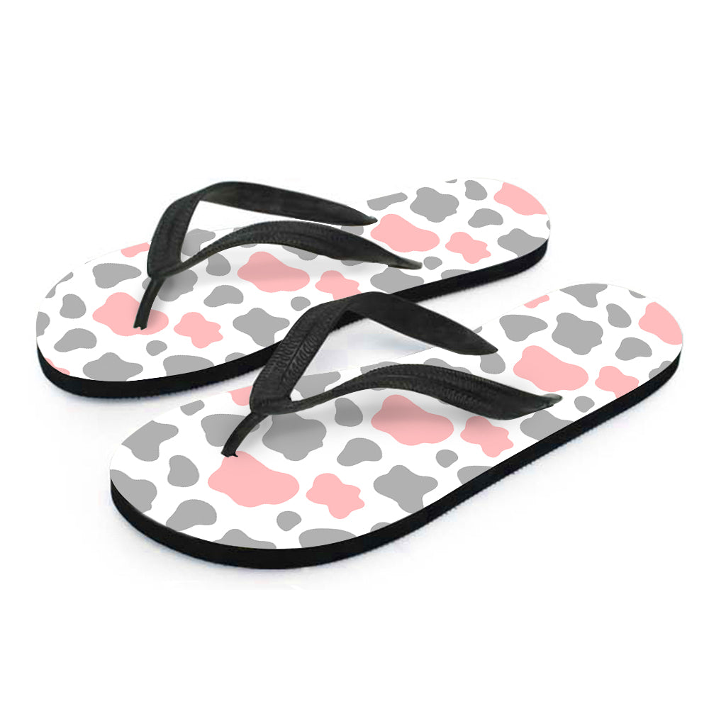 Pink Grey And White Cow Print Flip Flops