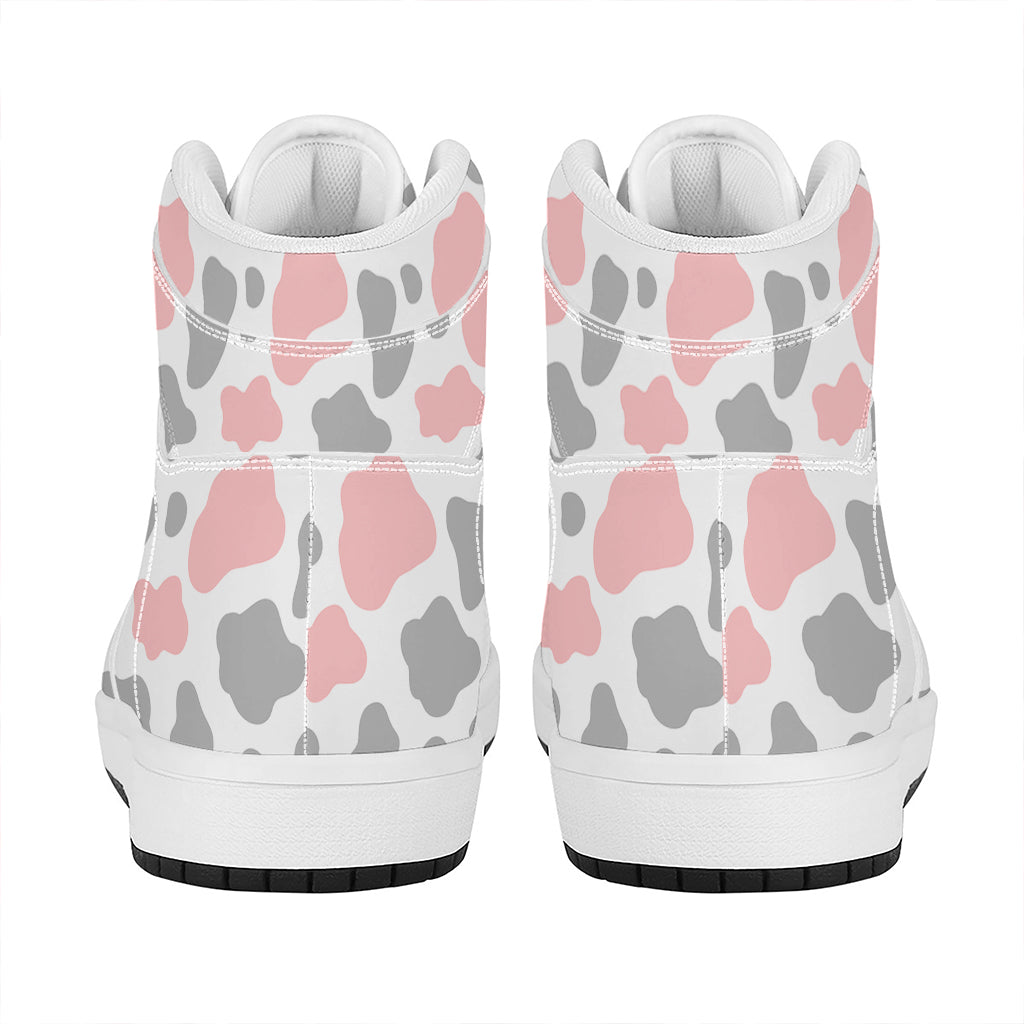 Pink Grey And White Cow Print High Top Leather Sneakers