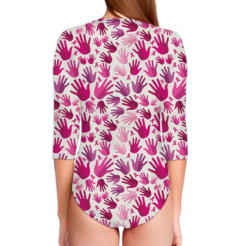 Pink Hand Breast Cancer Pattern Print Long Sleeve Swimsuit