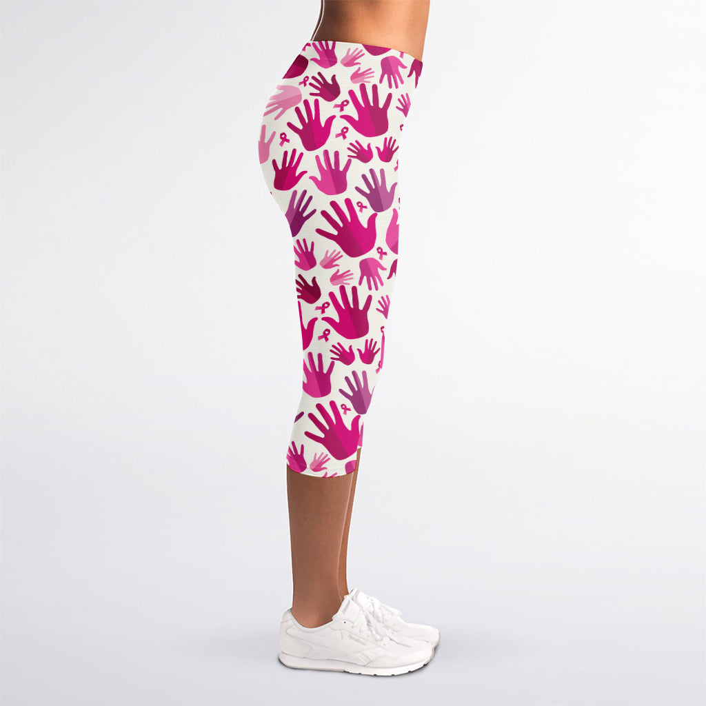 Pink Hand Breast Cancer Pattern Print Women's Capri Leggings