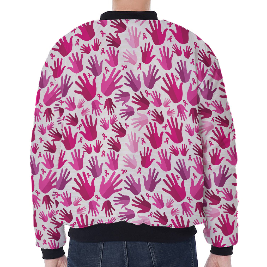 Pink Hand Breast Cancer Pattern Print Zip Sleeve Bomber Jacket