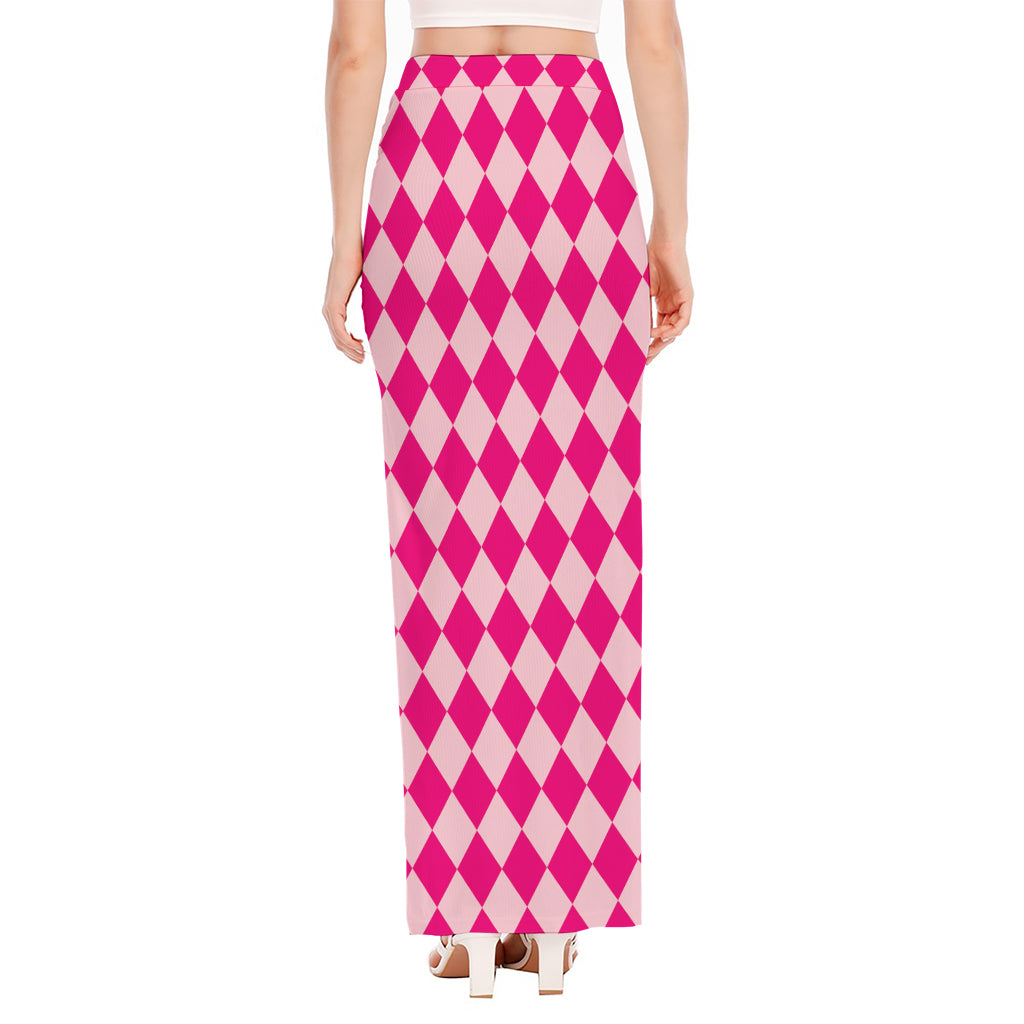 Pink Harlequin Pattern Print High Slit Maxi Skirt