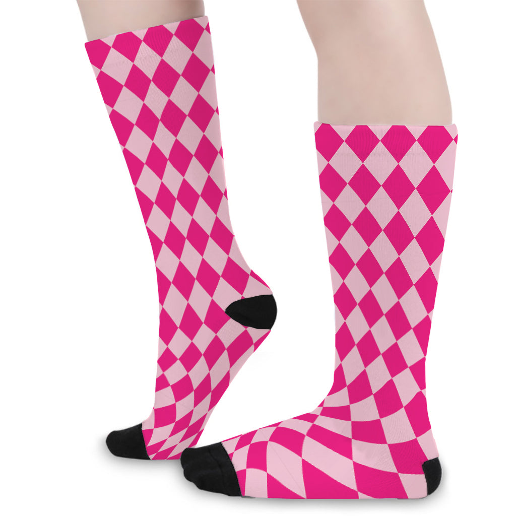 Pink Harlequin Pattern Print Long Socks