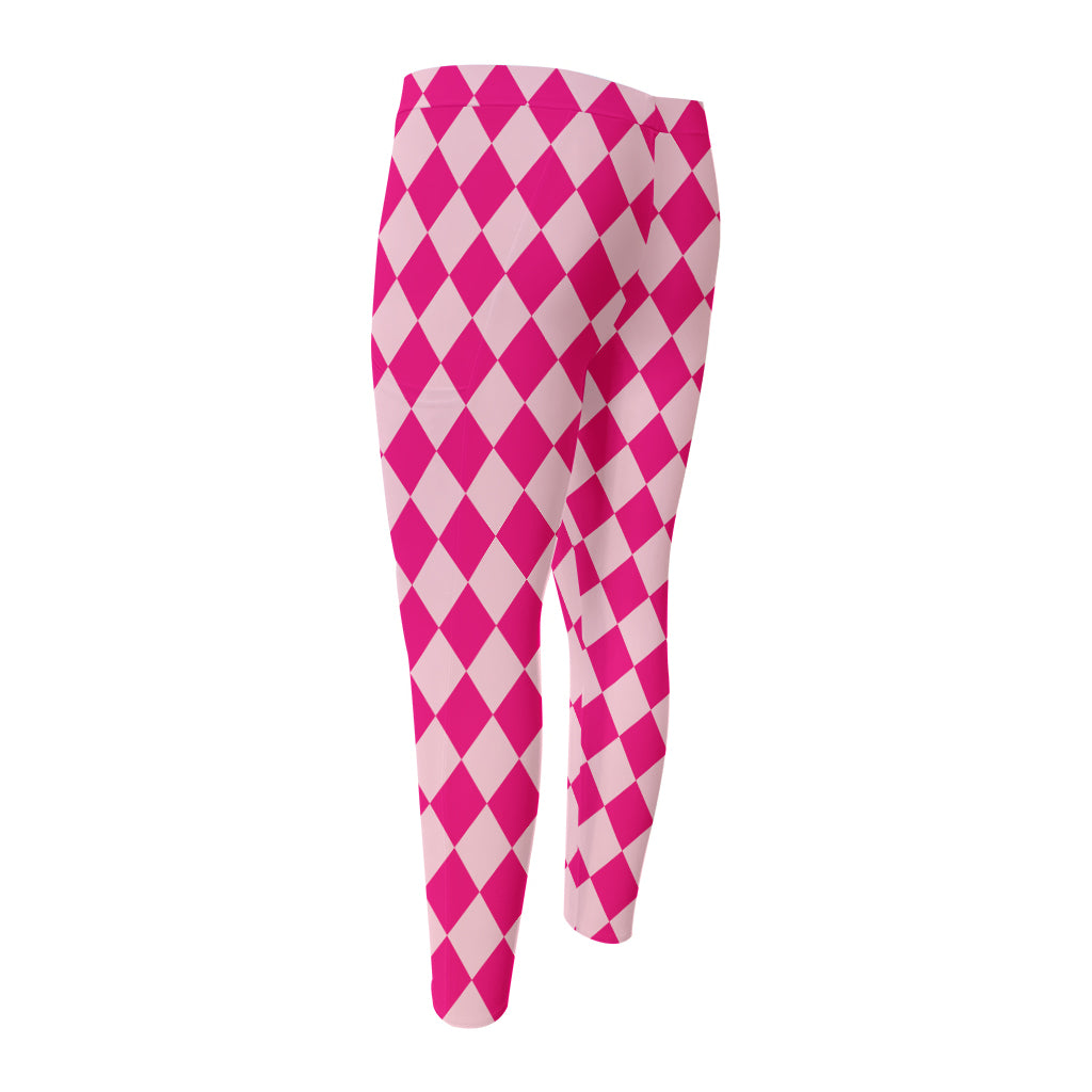 Pink Harlequin Pattern Print Men's Compression Pants