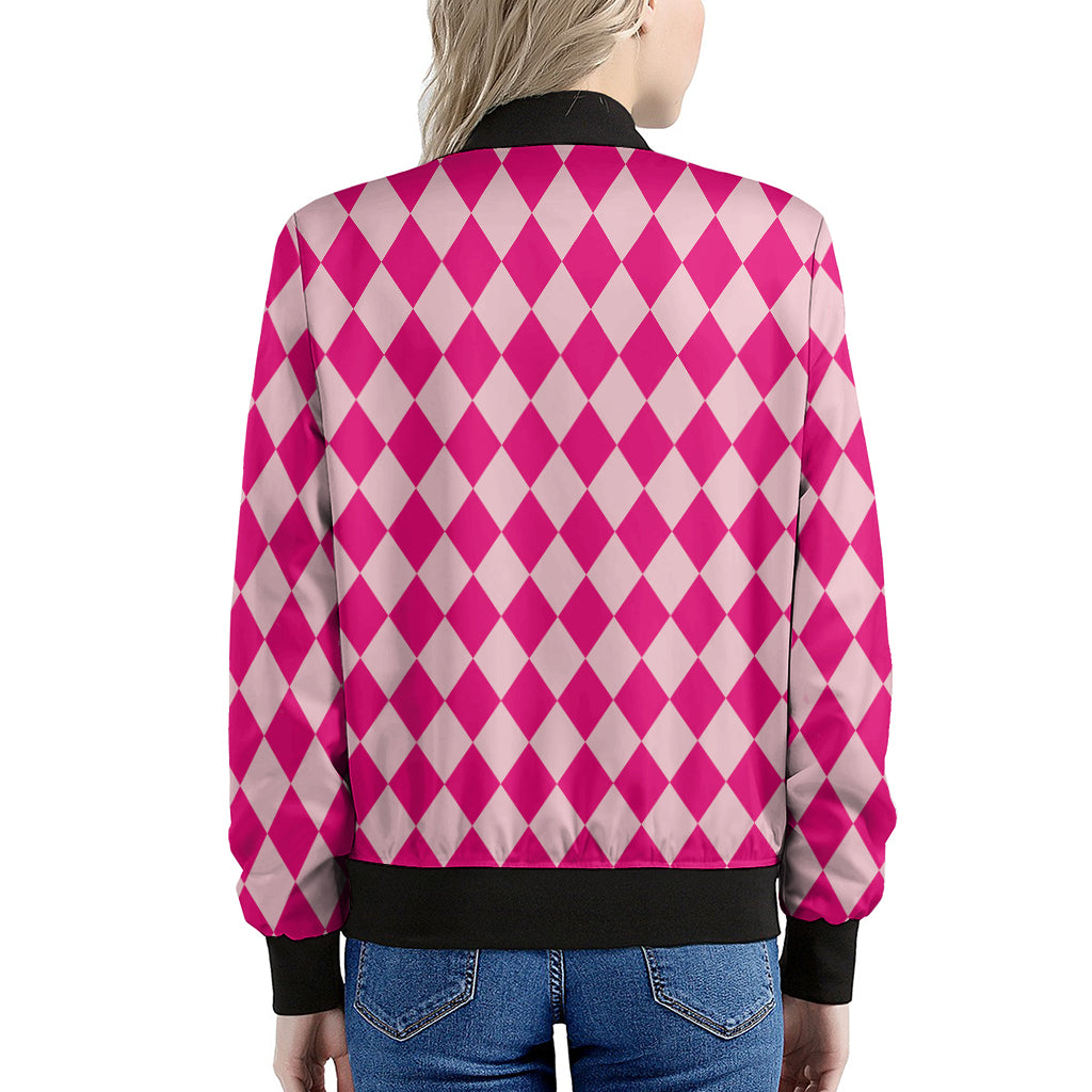 Pink Harlequin Pattern Print Women's Bomber Jacket