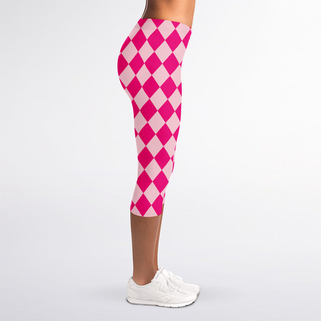 Pink Harlequin Pattern Print Women's Capri Leggings