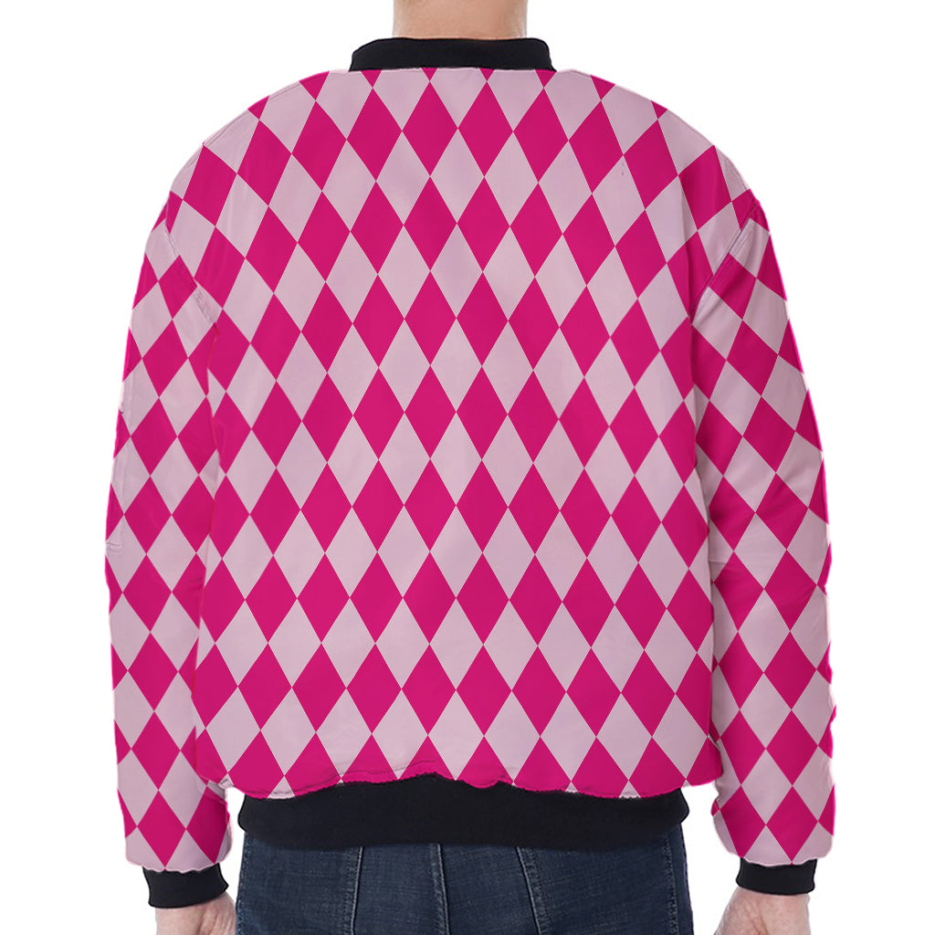 Pink Harlequin Pattern Print Zip Sleeve Bomber Jacket