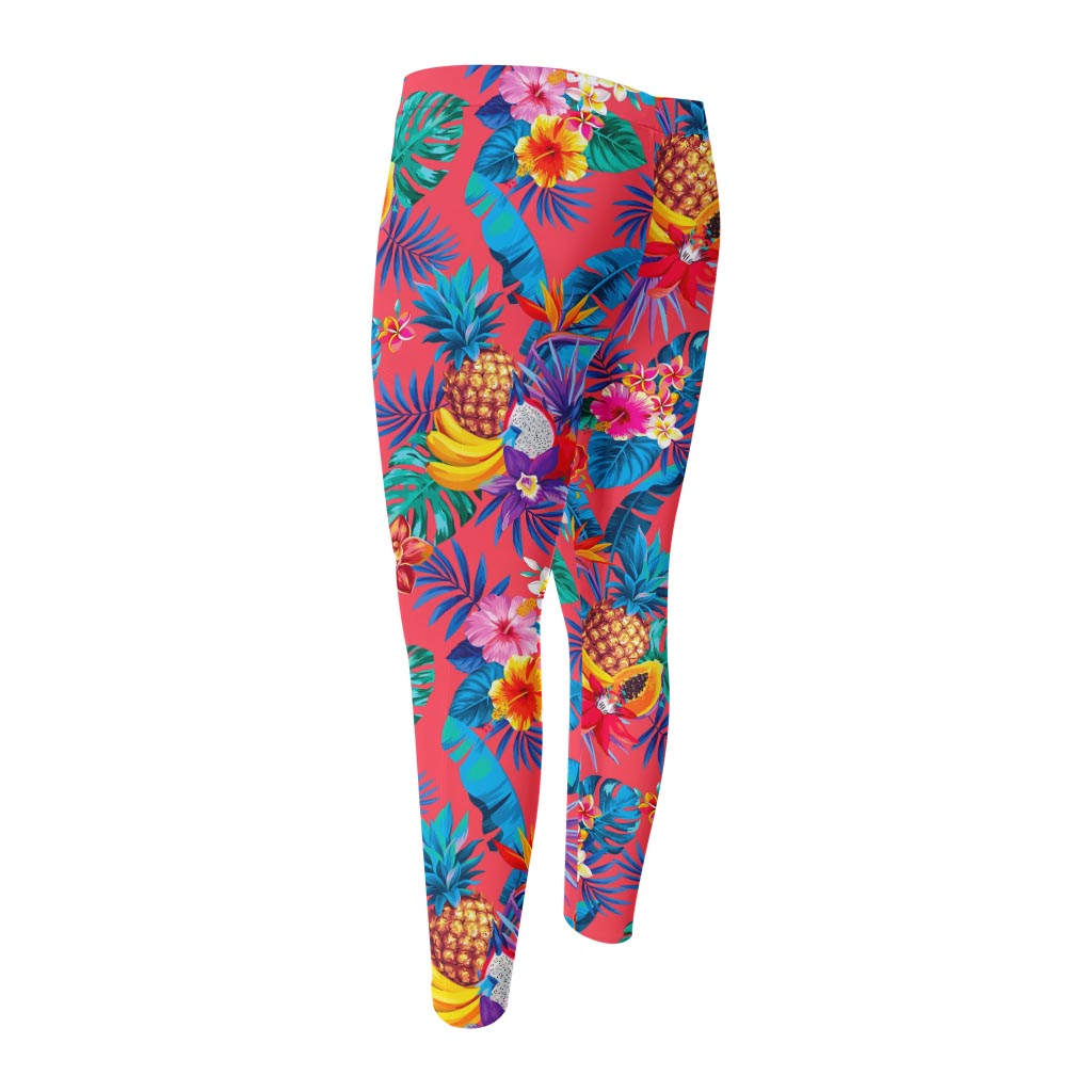 Pink Hawaiian Fruits Pattern Print Men's Compression Pants