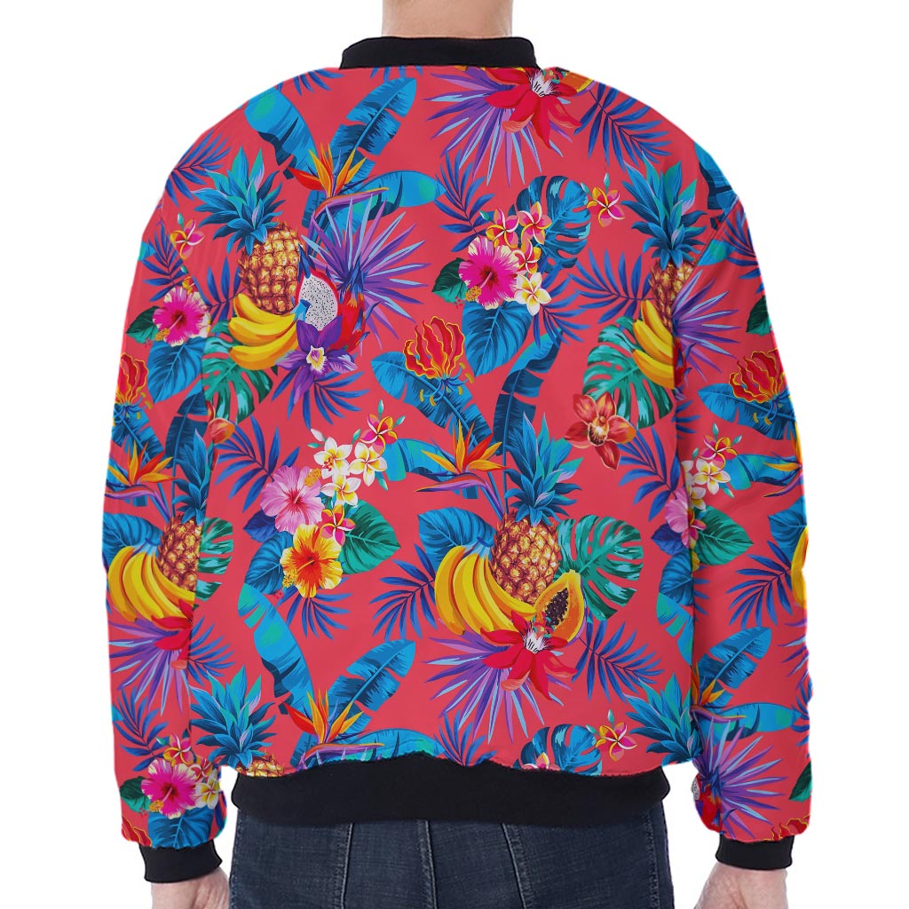 Pink Hawaiian Fruits Pattern Print Zip Sleeve Bomber Jacket