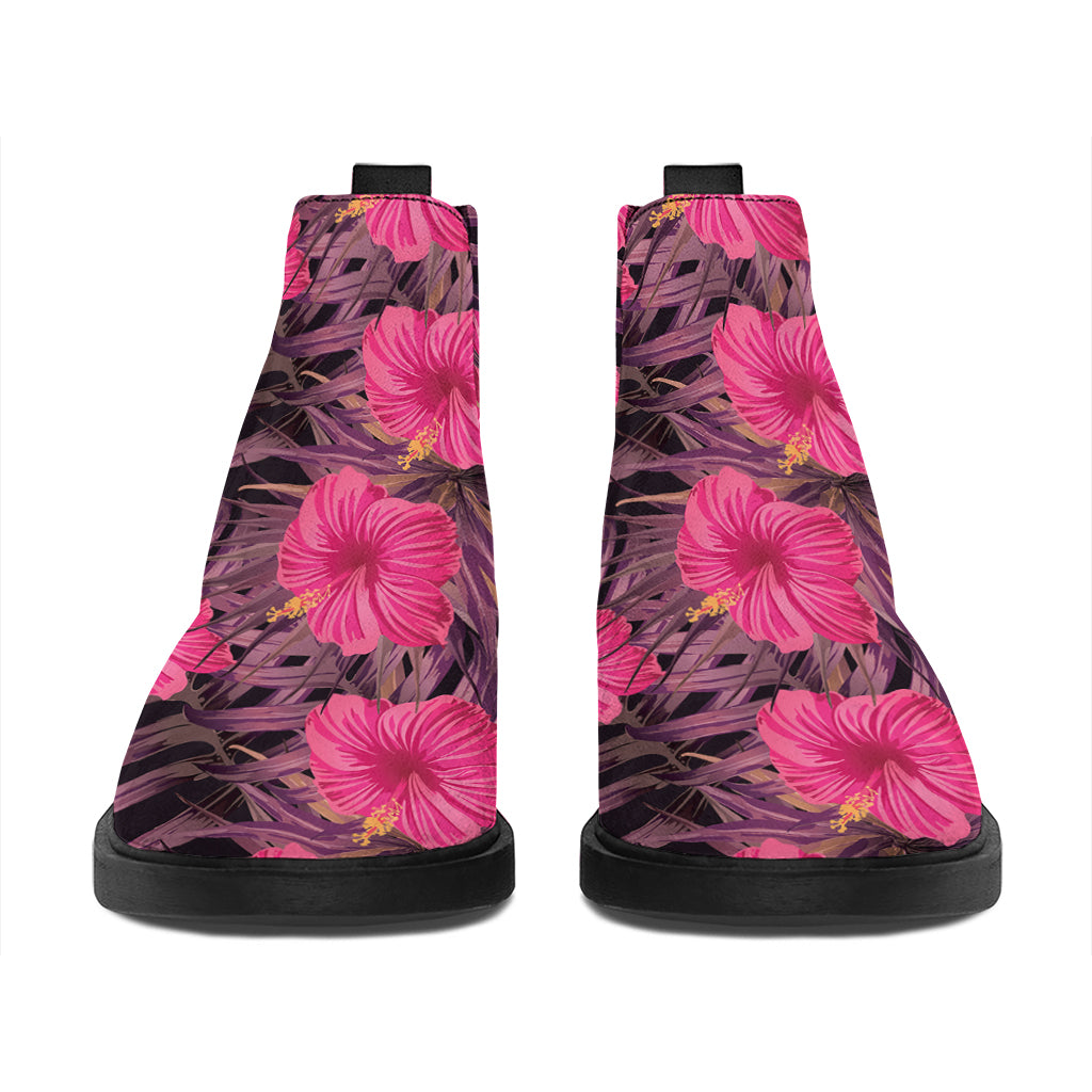 Pink Hawaiian Hibiscus Pattern Print Flat Ankle Boots