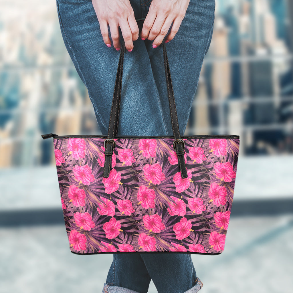 Pink Hawaiian Hibiscus Pattern Print Leather Tote Bag