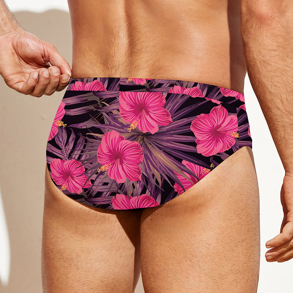 Pink Hawaiian Hibiscus Pattern Print Men's Swim Briefs