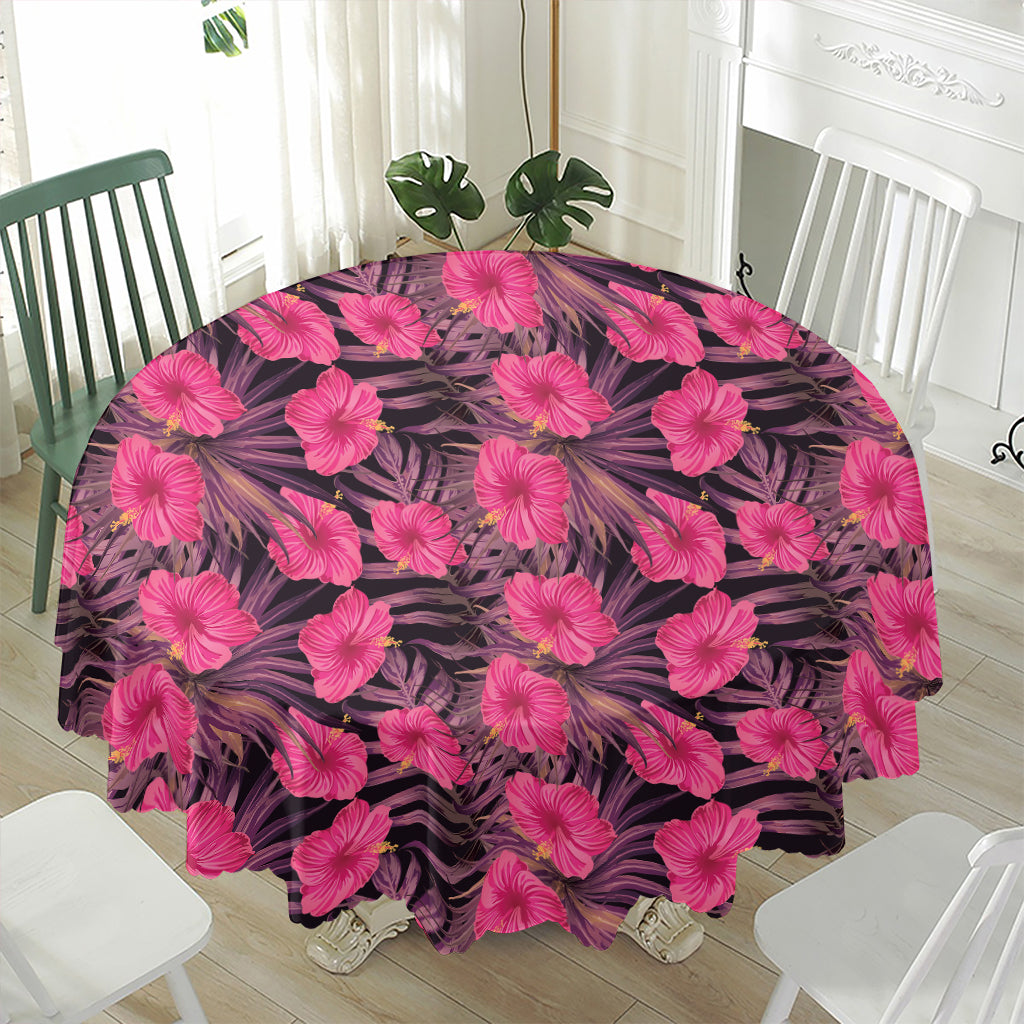 Pink Hawaiian Hibiscus Pattern Print Waterproof Round Tablecloth