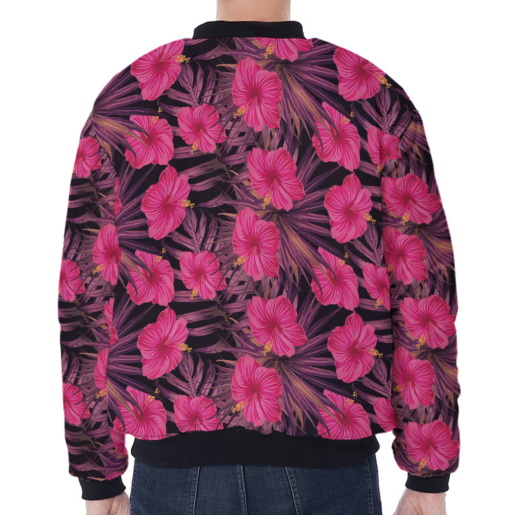 Pink Hawaiian Hibiscus Pattern Print Zip Sleeve Bomber Jacket