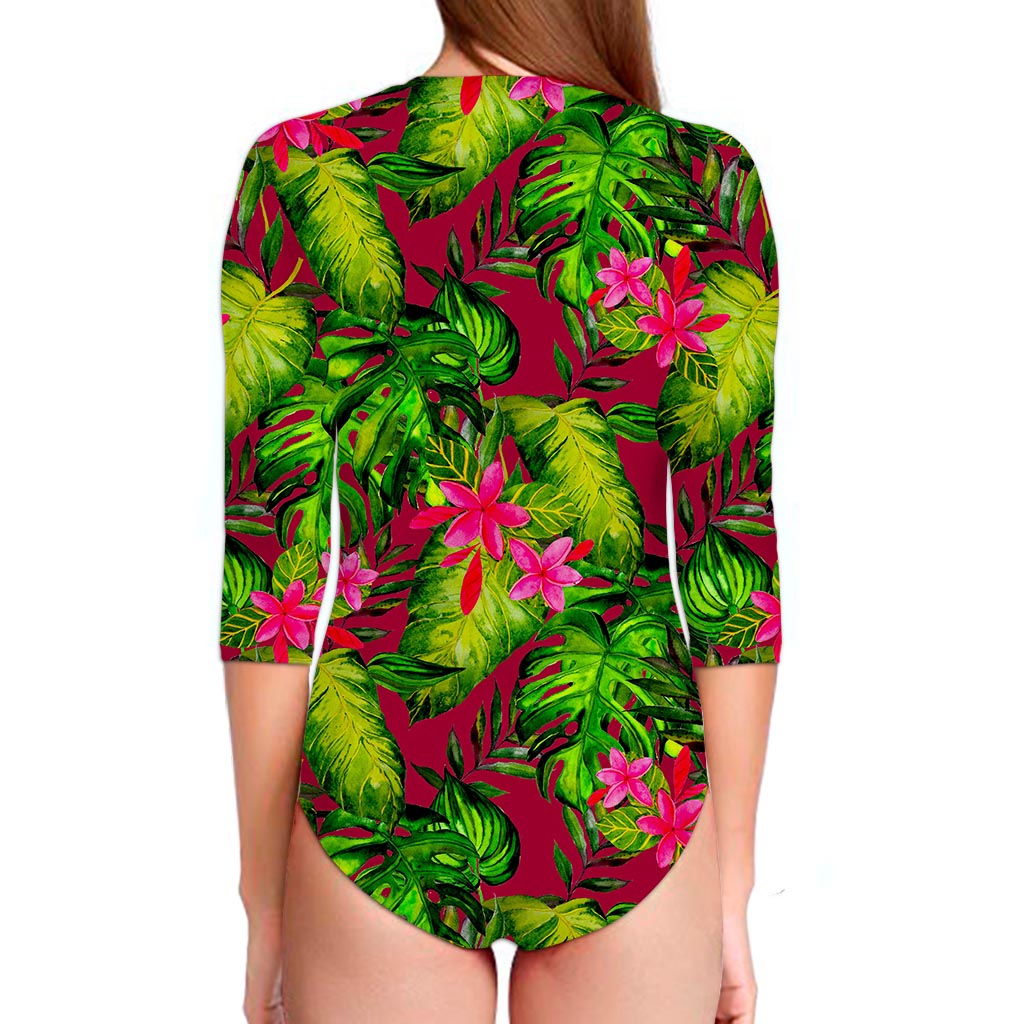 Pink Hawaiian Tropical Pattern Print Long Sleeve Swimsuit