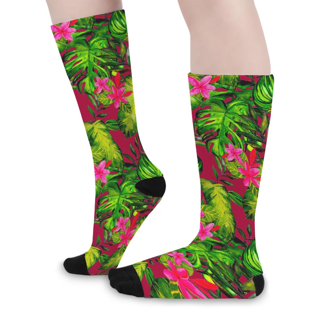 Pink Hawaiian Tropical Pattern Print Long Socks